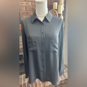 PLEIONE Dark Olive Green Chiffon Button Up Blouse, Excellent Condition